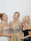 Gold Beaded V Neck Cheap Prom Dresses Long Sexy Formal Dresses for Women Plus Size APD3301-SheerGirl