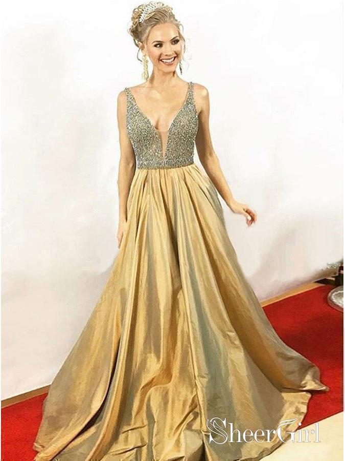 Gold Beaded V Neck Cheap Prom Dresses Long Sexy Formal Dresses for Women Plus Size APD3301-SheerGirl