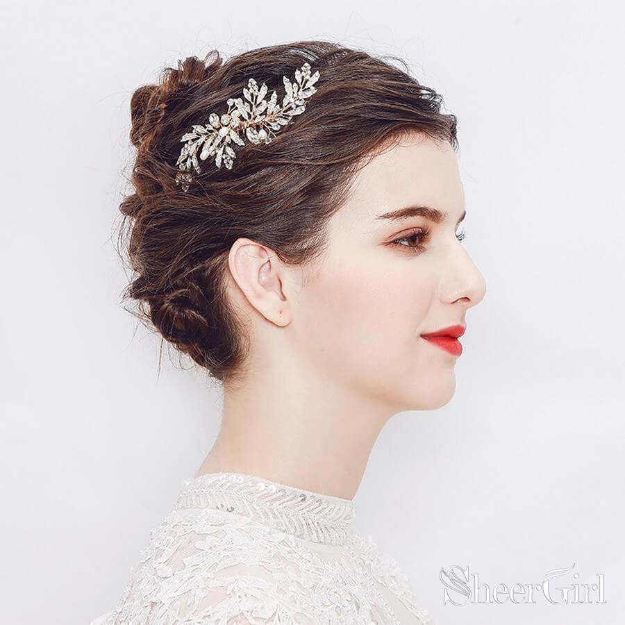 Gold Bridal Comb & Hairpins with Crystals and Metal Leaves ACC1160-SheerGirl