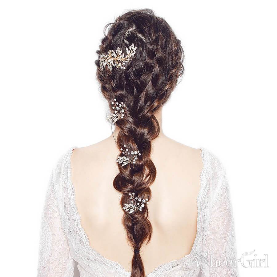 Gold Bridal Comb & Hairpins with Crystals and Metal Leaves ACC1160-SheerGirl