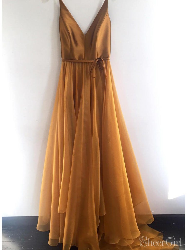 Gold Chiffon Simple Long Prom Dresses V Neck Cheap Prom Dress ARD2107-SheerGirl