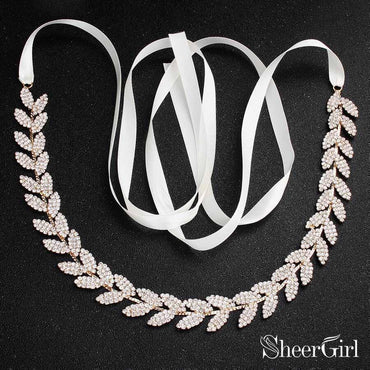Gold Crystal Laurea Leaves Bridal Sashes ACC1145-SheerGirl