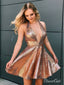 Gold Halter Mini Homecoming Dresses Backless Deep V Neck Short Prom Dress ARD1790