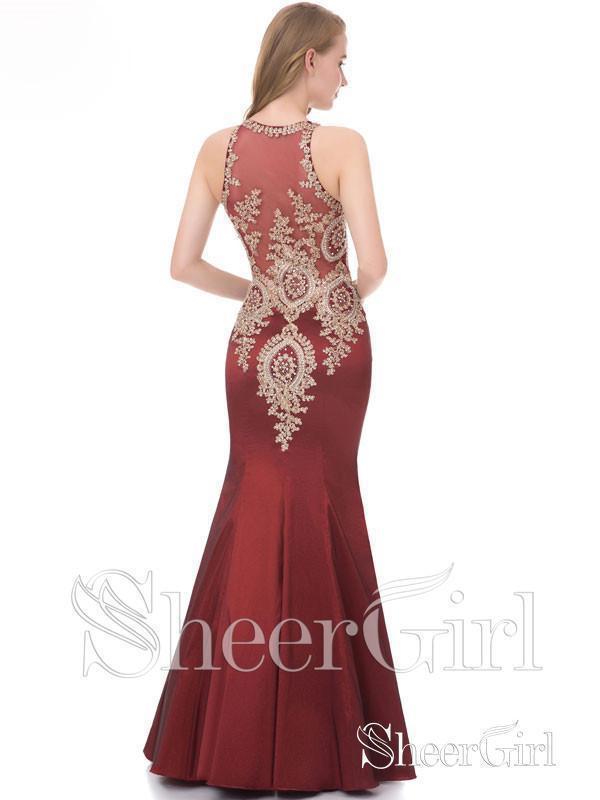 Gold Lace Applique Burgundy Satin Mermaid Prom Dresses APD3116-SheerGirl
