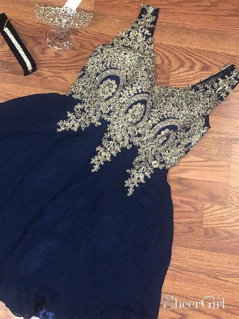 Gold Lace Applique Homecoming Dresses Navy Blue Short Chiffon Prom Dress ARD1708-SheerGirl