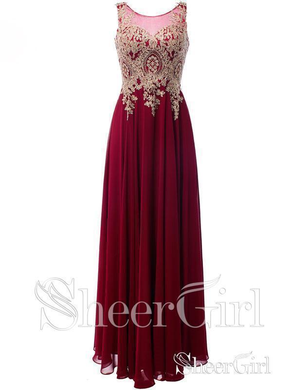 Gold Lace Appliqued Burgundy Chiffon Illusion Prom Dresses APD3117 Gold Lace Appliqued Burgundy Chiffon Illusion Prom Dresses APD3117