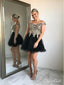 Gold Lace Appliqued Homecoming Dresses Black Tulle Short Prom Dresses ARD1367