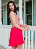 Gold Lace Appliqued Red Chiffon Homecoming Dresses Vintage Short Prom Dress ARD1741-SheerGirl