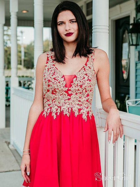 Gold Lace Appliqued Red Chiffon Homecoming Dresses Vintage Short Prom Dress ARD1741 Gold Lace Appliqued Red Chiffon Homecoming Dresses Vintage Short Prom Dress ARD1741