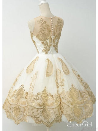 Gold Lace Homecoming Dresses Knee Length Vintage Short Prom Dresses ARD1370-SheerGirl