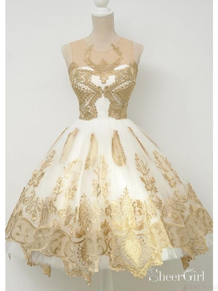 Gold Lace Homecoming Dresses Knee Length Vintage Short Prom Dresses ARD1370 Gold Lace Homecoming Dresses Knee Length Vintage Short Prom Dresses ARD1370