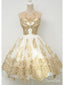 Zlaté krajkové šaty pro návrat ke kolenům Vintage krátké plesové šaty ARD1370 