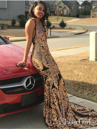 Gold Lace Mermaid Prom Dresses Long Backless Vintage Formal Evening Dress APD3367-SheerGirl