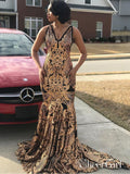 Gold Lace Mermaid Prom Dresses Long Backless Vintage Formal Evening Dress APD3367-SheerGirl