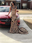 Gold Lace Mermaid Prom Dresses Long Backless Vintage Formal Evening Dress APD3367