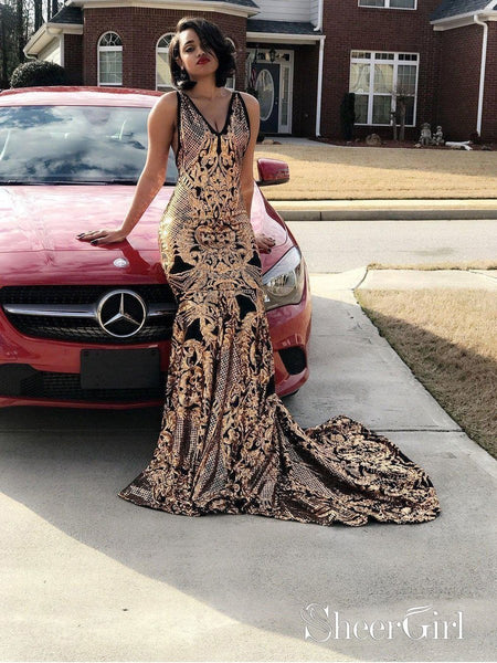 sachin and babi light blue dress Gold Lace Mermaid Prom Dresses Long Backless Vintage Formal Evening Dress  |Sheergirl.com – SheerGirl