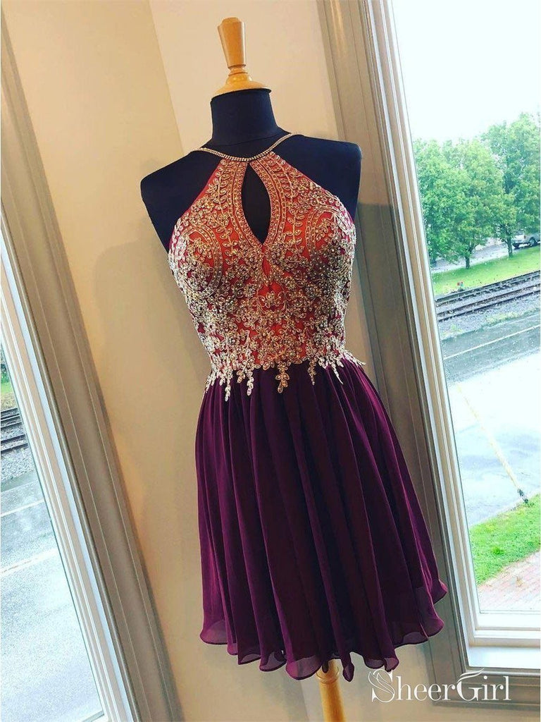 Gold Lace Purple Homecoming Dresses A Line Backless Black Short Prom Dresses APD2648 Gold Lace Purple Homecoming Dresses A Line Backless Black Short Prom Dresses APD2648