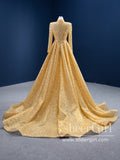 Gold Long Sleeves Sequins Sheath Prom Dresses Sparkly High Neck Formal Dress with Detachable Train ARD2849-SheerGirl
