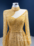 Gold Long Sleeves Sequins Sheath Prom Dresses Sparkly High Neck Formal Dress with Detachable Train ARD2849-SheerGirl