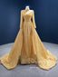 Zlaté dlouhé rukávy Flitry pouzdrové plesové šaty Třpytivé formální šaty s vysokým výstřihem a odnímatelnou vlečkou ARD2849