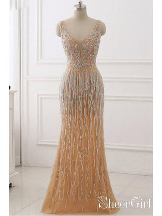 Gold Mermaid Beaded Prom Dresses Long Appliqed 20's Gatsby Themed Party Dresses ARD1026-SheerGirl