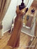 Gold Sequins Long Formal Dress V Neck Sheath Cheap Prom Dresses APD3287-SheerGirl