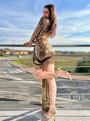 Gold Sparkly Short Prom Dress Single Sleeve Sequins Homecoming Dress ARD2888-SheerGirl