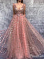 Gold Star Printed Lace Prom Dresses V Neck Long Princess Ball Gown ARD1935