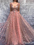 Gold Star Printed Lace Prom Dresses V Neck Long Princess Ball Gown ARD1935-SheerGirl