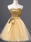 Zlaté mini šaty pro návrat domů bez ramínek Flitrové šaty Sweet 16 s páskem ARD2444 