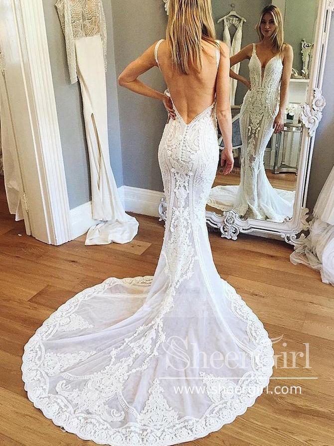 Gorgeous Corded Lace V Neckline Mermaid Wedding Dress with Chanpel Train AWD1813-SheerGirl