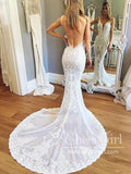 Gorgeous Corded Lace V Neckline Mermaid Wedding Dress with Chanpel Train AWD1813-SheerGirl