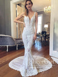 Gorgeous Corded Lace V Neckline Mermaid Wedding Dress with Chanpel Train AWD1813-SheerGirl