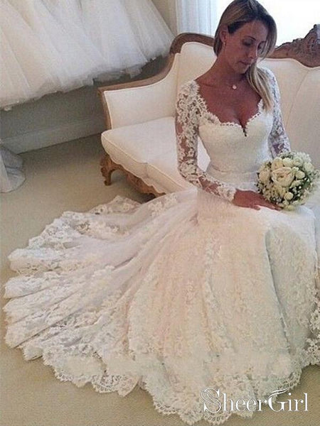 Gorgeous Ivory Lace Long Sleeves Bridal Dresses Sexy Neck Tight Waist Wedding Dresses AWD1620 Gorgeous Ivory Lace Long Sleeves Bridal Dresses Sexy Neck Tight Waist Wedding Dresses AWD1620