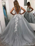 Gray Lace Applique Prom Dress Beaded V-neck Formal Dresses ARD2405-SheerGirl