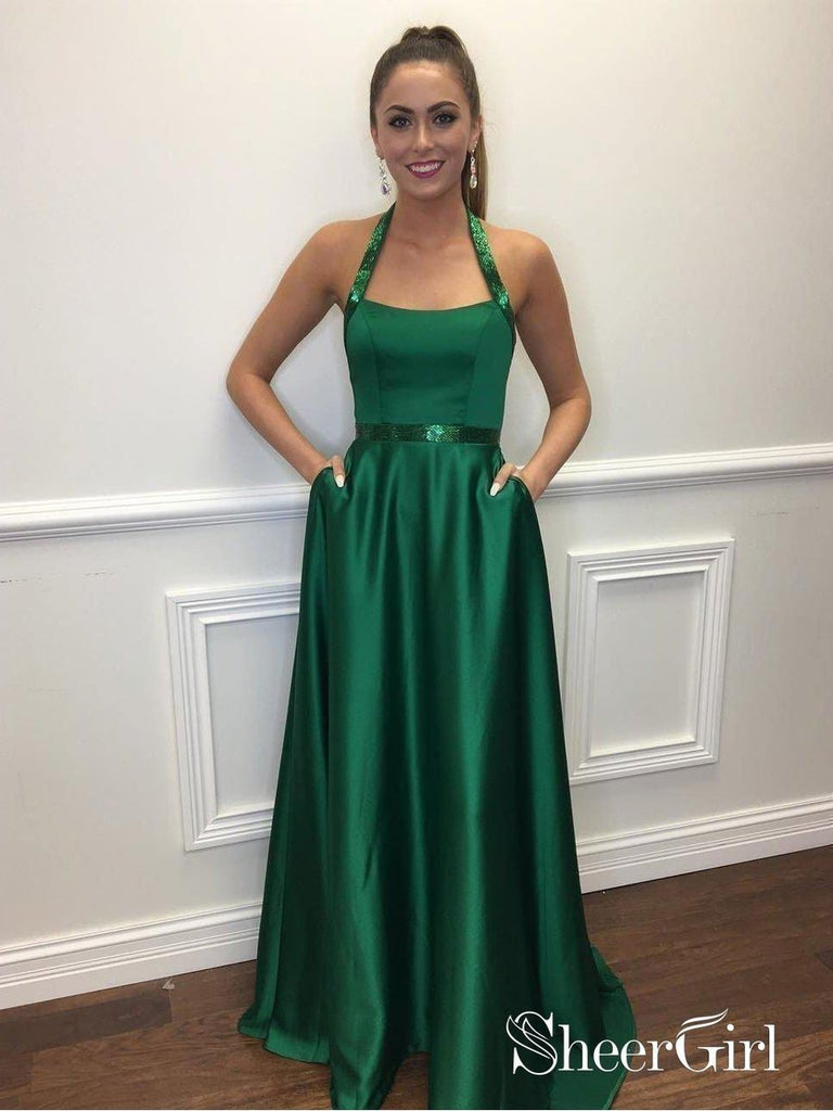 Green Simple Satin Prom Dress with Pocket A Line Graduation Dresses for Juniors APD3436-SheerGirl