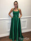 Zelené jednoduché saténové plesové šaty s kapsou A Line maturitní šaty pro juniory APD3436 