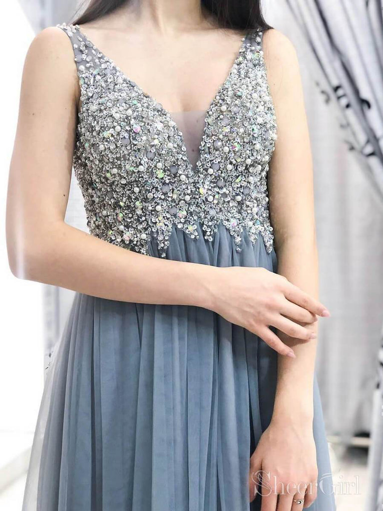 Grey Beaded Long Prom Dresses V Neck Tulle Long Evening Dress ARD2071 Grey Beaded Long Prom Dresses V Neck Tulle Long Evening Dress ARD2071