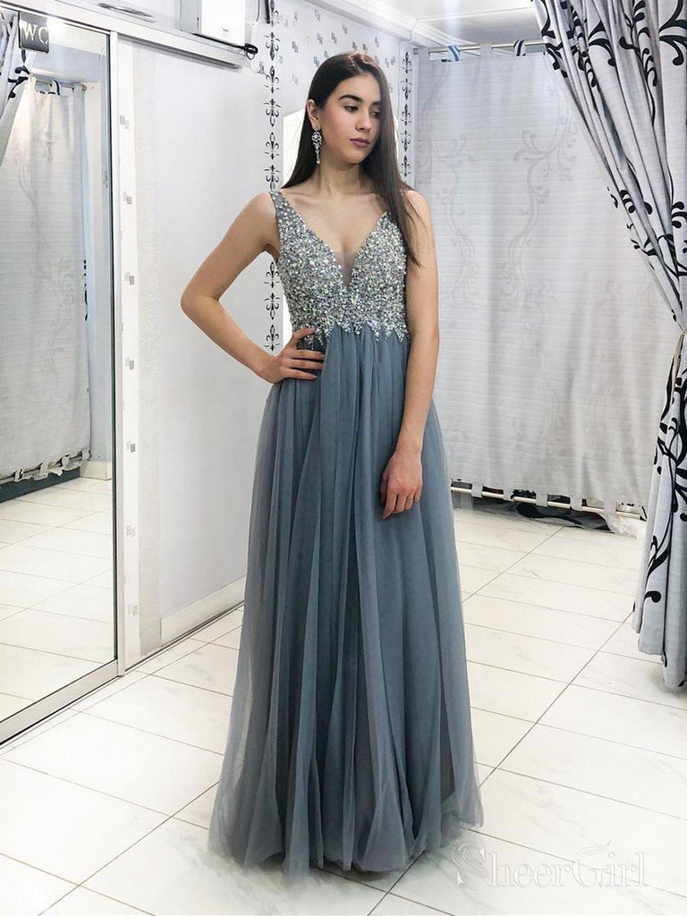 Grey Beaded Long Prom Dresses V Neck Tulle Long Evening Dress ARD2071 Grey Beaded Long Prom Dresses V Neck Tulle Long Evening Dress ARD2071