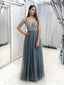 Grey Beaded Long Prom Dresses V Neck Tulle Long Evening Dress ARD2071