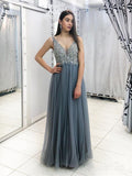 Grey Beaded Long Prom Dresses V Neck Tulle Long Evening Dress ARD2071-SheerGirl