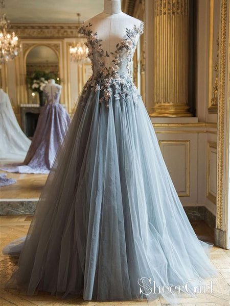 Grey Flower Applique Vintage Prom Dresses Cheap Tulle