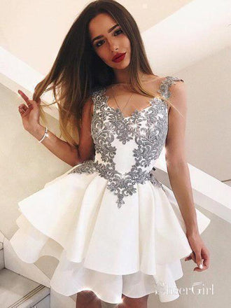 Grey Lace Applique Homecoming Dresses Ivory Mini Homecoming Dress ARD1720-SheerGirl