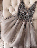 Grey Rhinestone Beaded Homecoming Dresses V Neck Tulle Short Prom Dress ARD1745-SheerGirl