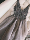 Grey Rhinestone Beaded Homecoming Dresses V Neck Tulle Short Prom Dress ARD1745-SheerGirl