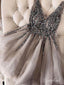 Grey Rhinestone Beaded Homecoming Dresses V Neck Tulle Short Prom Dress ARD1745