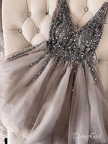 ジャケット・アウター Treat Girl's tulle frill jersey(gray) Grey Rhinestone Beaded Homecoming Dresses V Neck Tulle Short