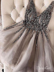 gray homecoming dresses Grey Rhinestone Beaded V Neck Tulle Short Prom Dress ARD1745 Grey Rhinestone Beaded Homecoming Dresses V Neck Tulle Short Prom country_US The lace Vintage High Waistline Dress Color:Sage Green - Pistachio Color