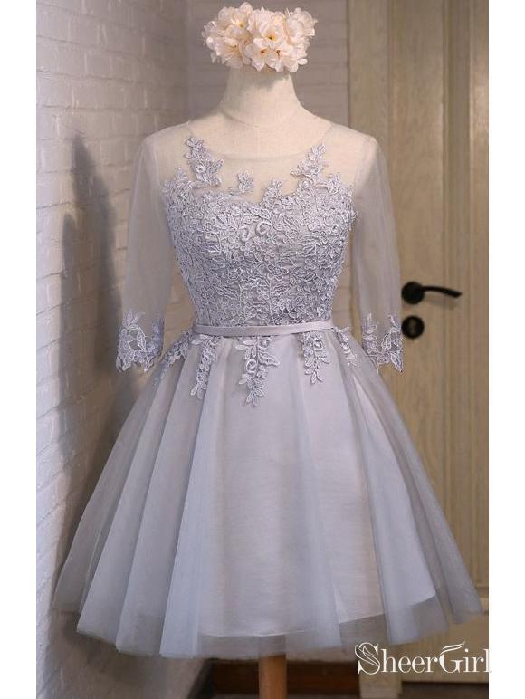 Half Sleeve Short Homecoming Dresses Grey Lace Applique Cheap Homecoming Dresses ARD1209-SheerGirl