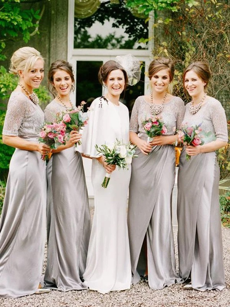 Half Sleeve Silver Bridesmaid Dresses Plus Size Modest Mother of